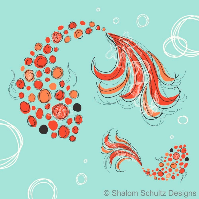 Koi fish in pond mother and baby digital graphic illustration. Red, coral and black fish on turquoise blue water background with white bubbles. Modern art style. By Shalom Schultz Designs.